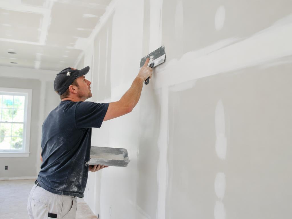 Professional finishing drywall seams in a bright room
