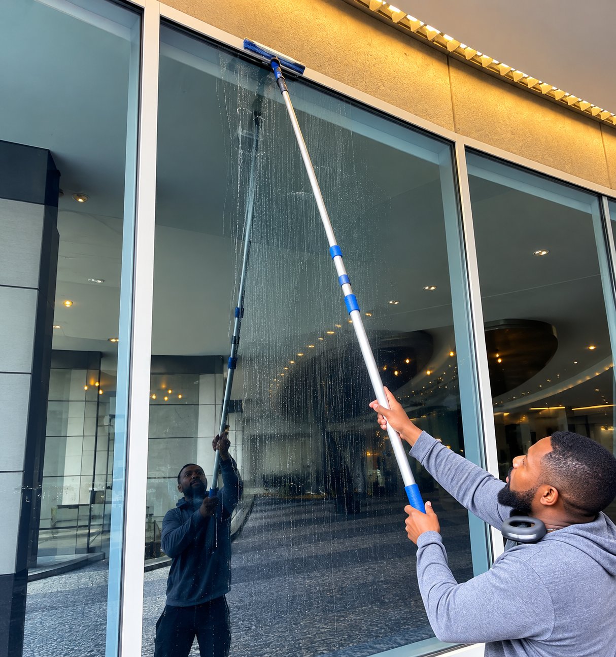 Window cleaning technician washing the glass facade of a modern building