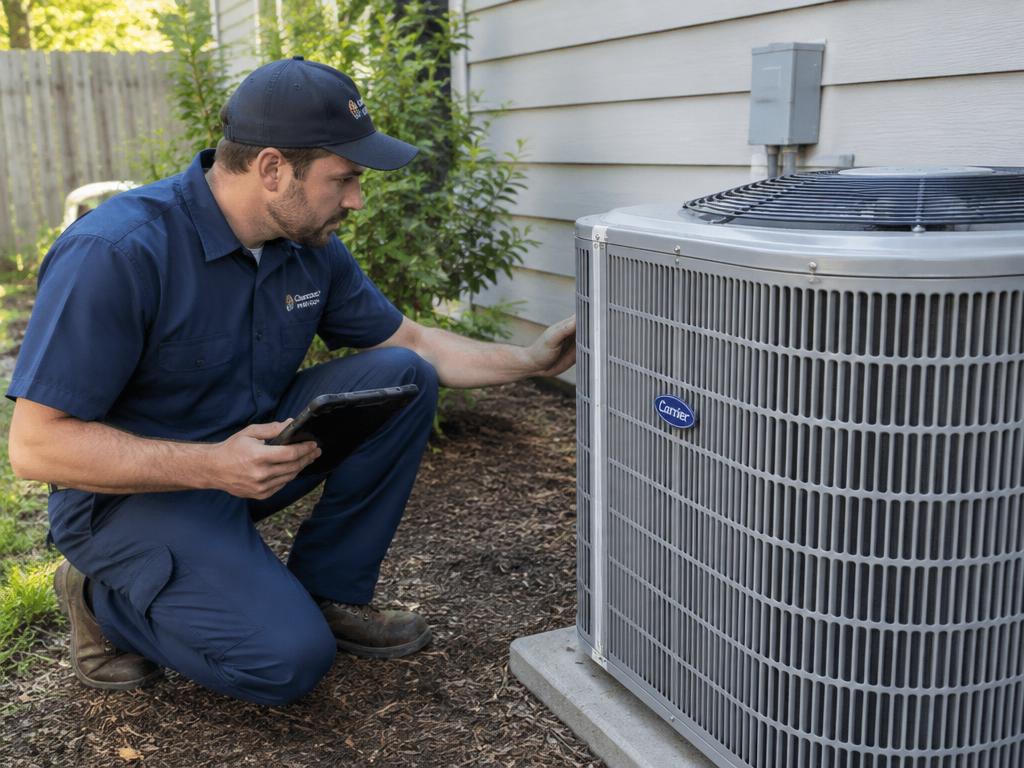HVAC technician inspecting an outdoor air conditioning unit